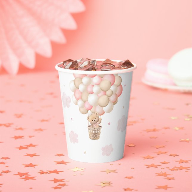 Pink Girl Teddy Bear Hot Air Balloon Baby Shower Paper Cups (Insitu)