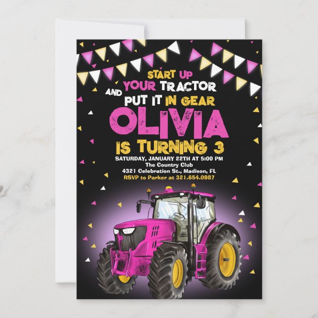 Pink Girl Tractor 3rd Birthday Party Invitation (Front)
