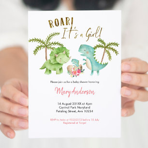 Pink Girl Tropical Dinosaur Baby Shower Roar Invitation