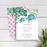Pink Girl Tropical Sea Turtle Gingham Birthday  Invitation<br><div class="desc">This cute girl's birthday invitation features sea turtles, monstera palm leaves and ocean waves. The card reverses to a complimentary pink gingham pattern with additional monstera palm leaves. A tropical and fun choice for a 1st, 2nd or 3rd birthday party invite. To see the matching invitation suite visit www.zazzle.com/dotellabelle Unique...</div>