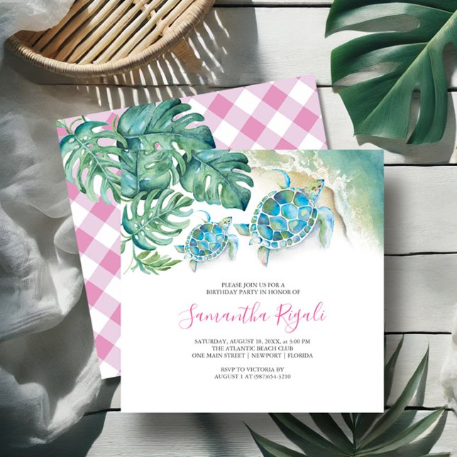 Pink Girl Tropical Sea Turtle Gingham Birthday  Invitation (Birthday invitations watercolor sea turtle and monstera palm leaf art by Victoria Grigaliunas)