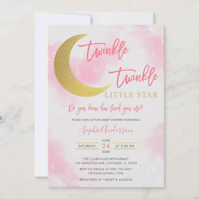 Pink Girl Twinkle Twinkle Little Star Baby Shower Invitation (Front)