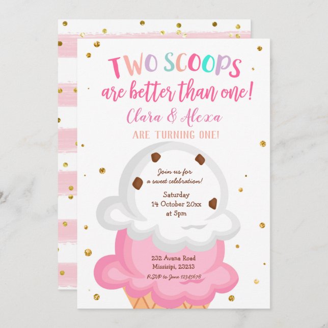 Pink Girl Twins Ice cream Invitation (Front/Back)