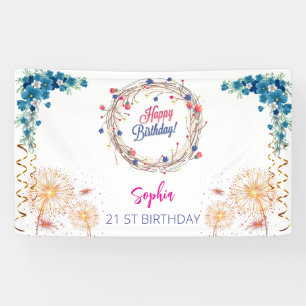pink girl welcome floral watercolor birthday party banner