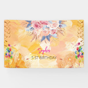 pink girl welcome floral watercolor birthday party banner