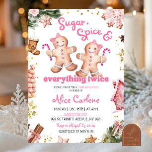 Pink Girl Winter Twins Baby Shower Invitation
