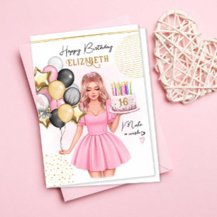 Pink Girl with Cake Balloons 16th Happy Birthday Holiday Card