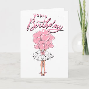 Pink Girl with Heart Balloon Birthday Card