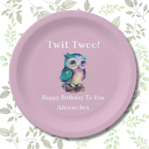 Pink Girl Woodland Animal Owl Birthday Paper Plate