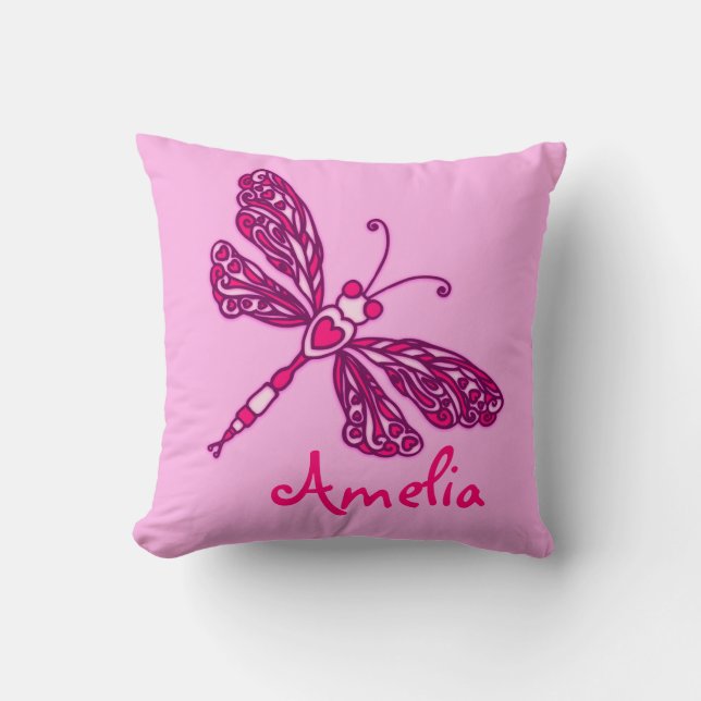Pink girls add your name dragonfly cushion pillow (Front)