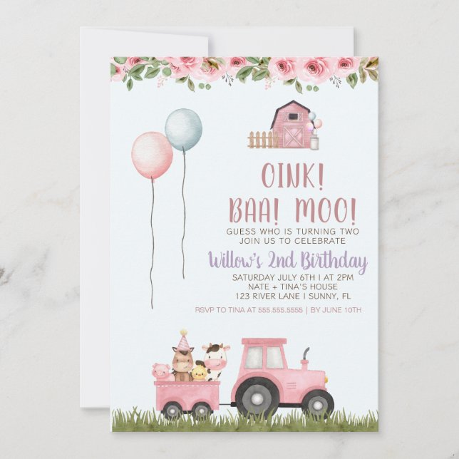 Pink Girls Barn Farm Animals Birthday Invitation (Front)