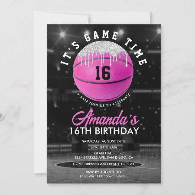 Pink Girls Basketball Birthday Invitation (Front)