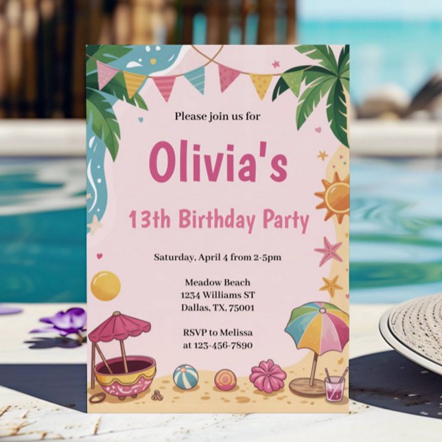Pink Girls Beach Party Kids Birthday Party Invitation (Creator Uploaded)