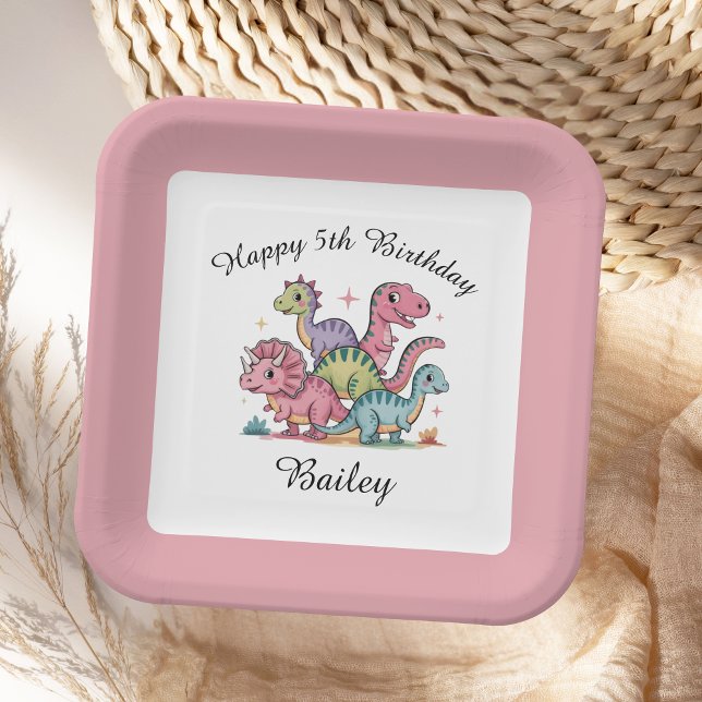 Pink Girls Dinosaur Birthday Paper Plate (Creator Uploaded)