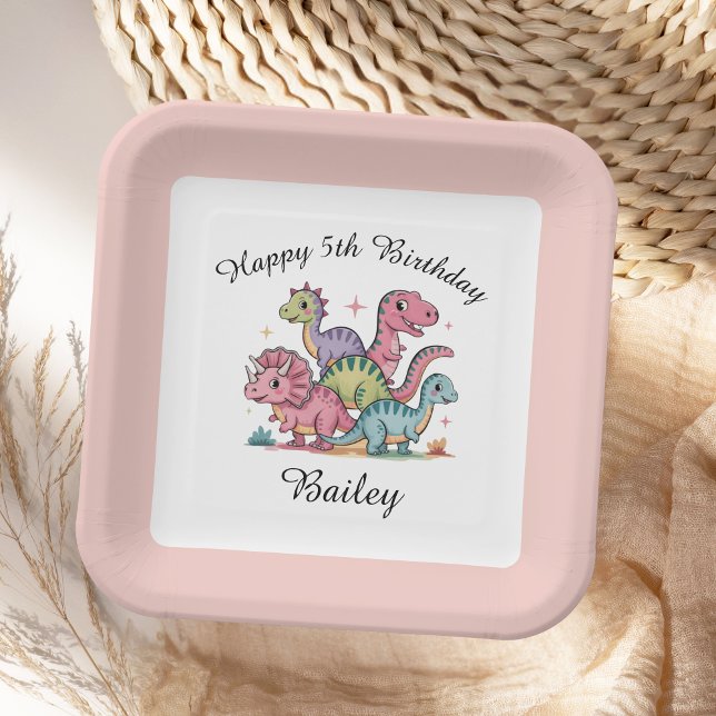 Pink Girls Dinosaur Birthday Paper Plate (Creator Uploaded)