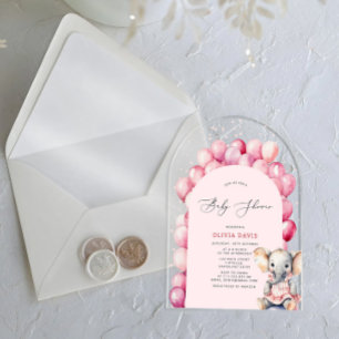 Pink Girl's Elephant & Balloon Baby Shower Acrylic Invitations
