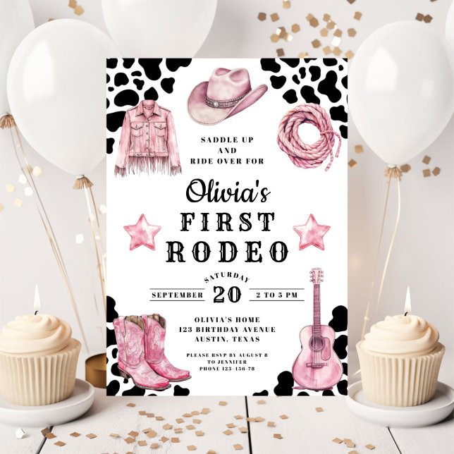 Pink Girl's First Rodeo 1st Birthday Invitation (Pink Girl's First Rodeo 1st Birthday Invitation)