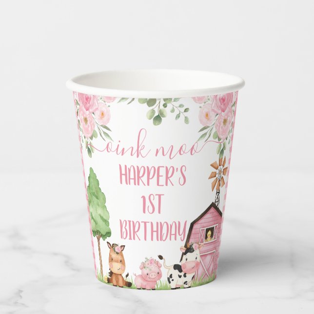 Pink Girls Floral Barn Farm Animals Birthday  Paper Cups (Front)