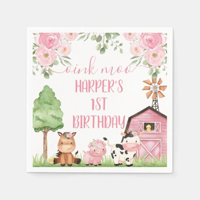 Pink Girls Floral Farm Birthday Party Paper Napkin (Front)