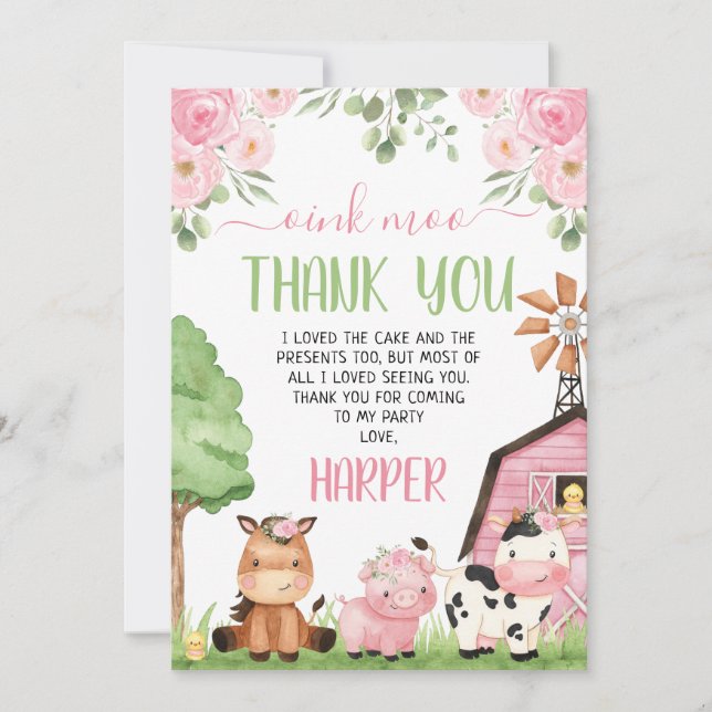 Pink Girls Floral Farm Birthday Thank You Card (Front)