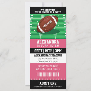 Pink Girls Football Ticket Birthday Invitation