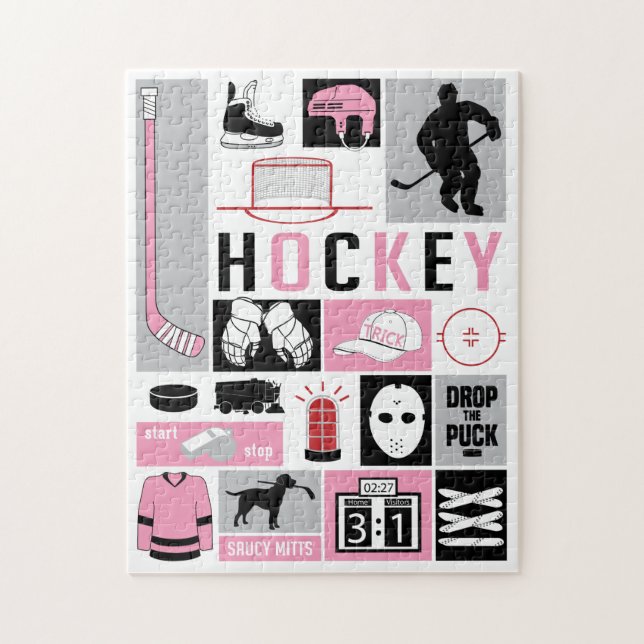 Pink girls Hockey Elements Stick Puck Player Jigsaw Puzzle (Vertical)
