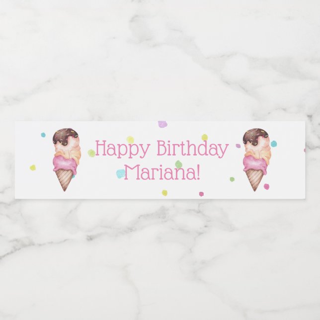 Pink Girls Ice Cream Birthday Party Water Bottle Label (Single Label)