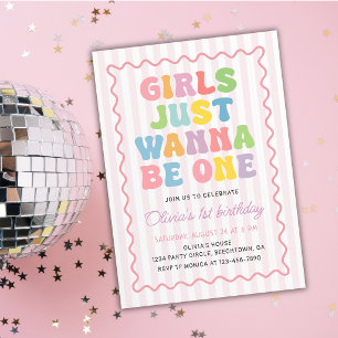 Pink Girls Just Wanna Be One Colourful Birthday Invitation