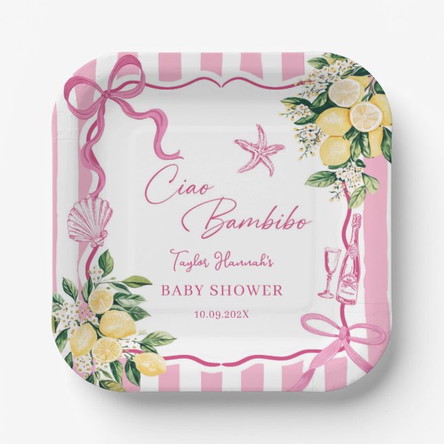 Pink Girls Lemon Ciao Baby Italian Baby Shower Paper Plate (Front)
