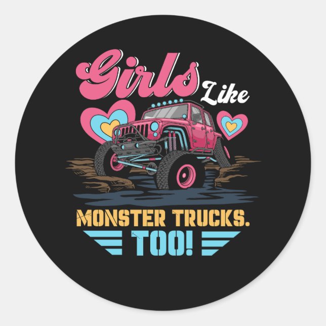 Pink Girls Like Monster Trucks Too Monter Jam Kids Classic Round Sticker (Front)
