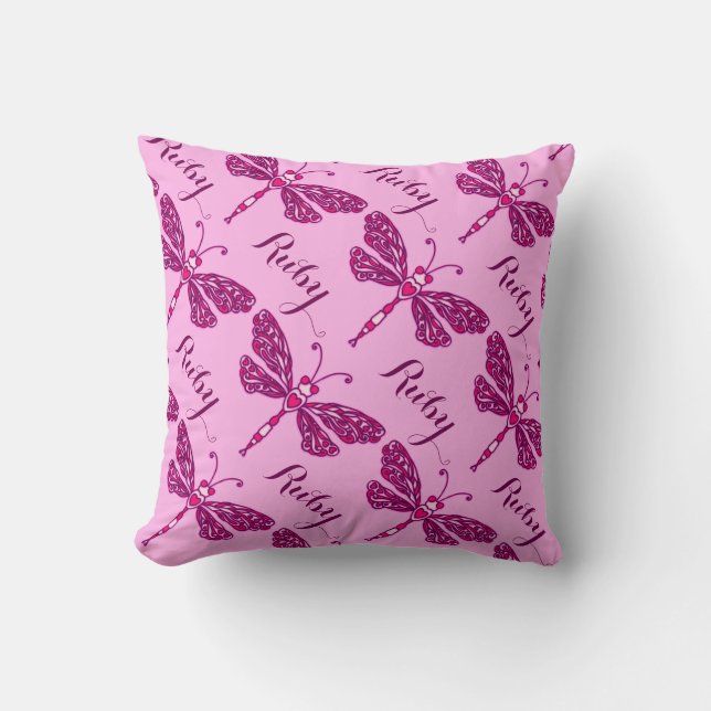 Pink girls name dragonfly pattern cushion pillow (Front)
