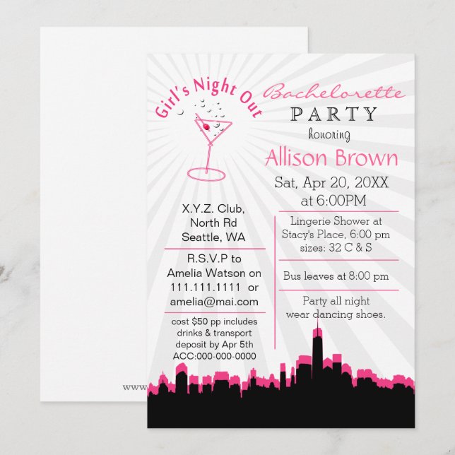 pink girls night out in city Bachelorette Party Invitation (Front/Back)