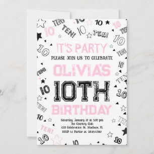 Pink Girls Number Ten Birthday Party Invitation