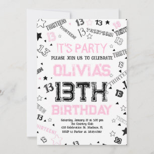 Pink Girls Number Thirteen Birthday Party Invitation