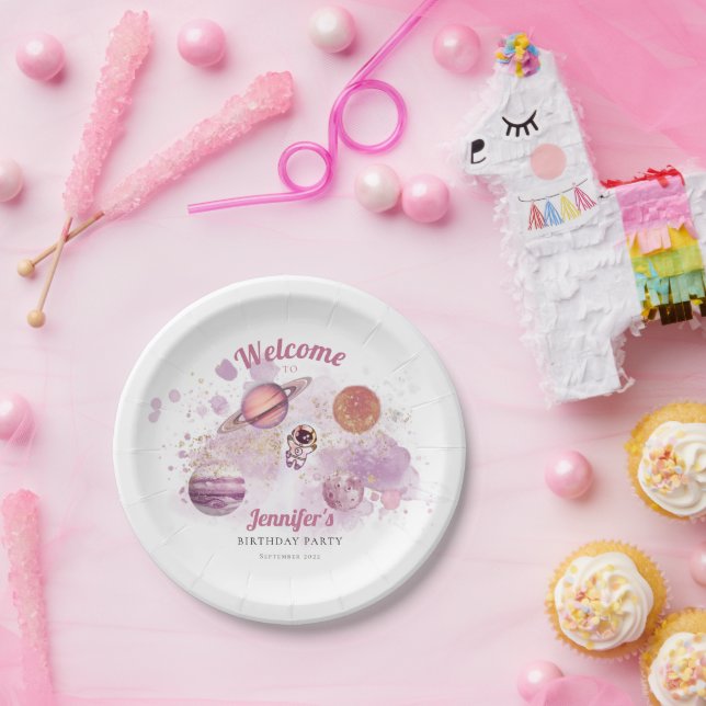 Pink Girls Outer Space Rocket Planets Galaxy Paper Plate (Party)