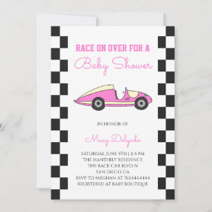 Pink Girls Retro Race Car Baby Shower Invitation