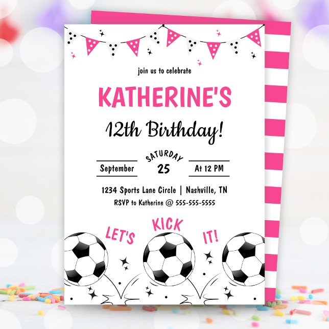 Pink Girls Soccer Party Birthday Invitation (Pink Girls Soccer Party Birthday Invitation)