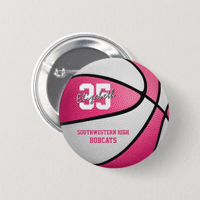 pink girl's sports basketball team name 6 cm round badge (Front & Back)
