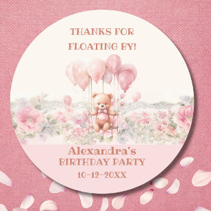 Pink Girl's Teddy Birthday Party Thank You Classic Round Sticker