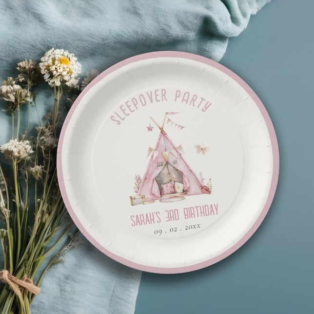Pink Girls Tent Sleepover Slumber Birthday Party Paper Plate (Creator Uploaded)