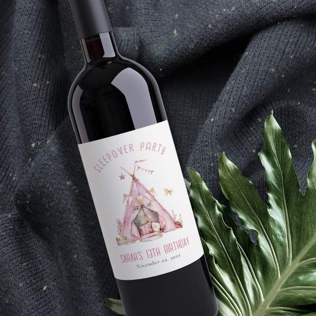 Pink Girls Tent Sleepover Slumber Birthday Party Wine Label (Creator Uploaded)