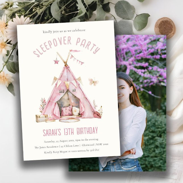 Pink Girls Tent Sleepover Slumber Photo Birthday Invitation (Creator Uploaded)