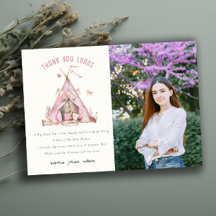 Pink Girls Tent Sleepover Slumber Photo Birthday Thank You Card