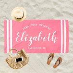 Pink Girls Weekend Personalised Name Beach Towel<br><div class="desc">Personalised beach towel design for a girls' weekend vacation getaway features a custom first name in modern script writing framed by coastal stripes,  with custom text for the occasion. The pretty pink background colour can be modified. Please visit our shop for other colour options.</div>