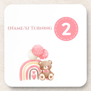 Pink girly 2nd Birthday rainbow, teddy & Balloon Coaster