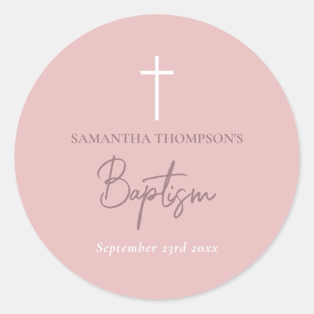 Pink Girly Baby Girl Calligraphy Baptism Classic Round Sticker (Front)