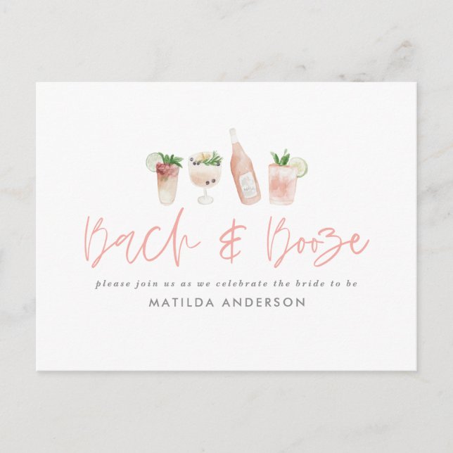 Pink girly bach & booze bachelorette weekend chic invitation postcard (Front)