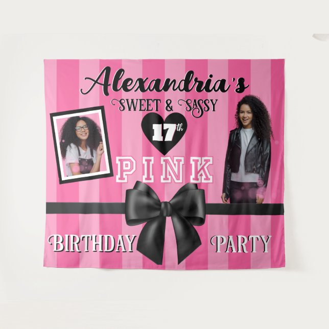  PINK Girly Birthday Party Custom Photo Any Age Tapestry (Front (Horizontal))