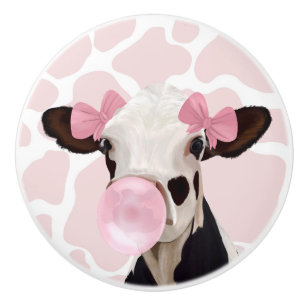 Pink Girly Bubblegum Blowing Cow Ceramic Knob