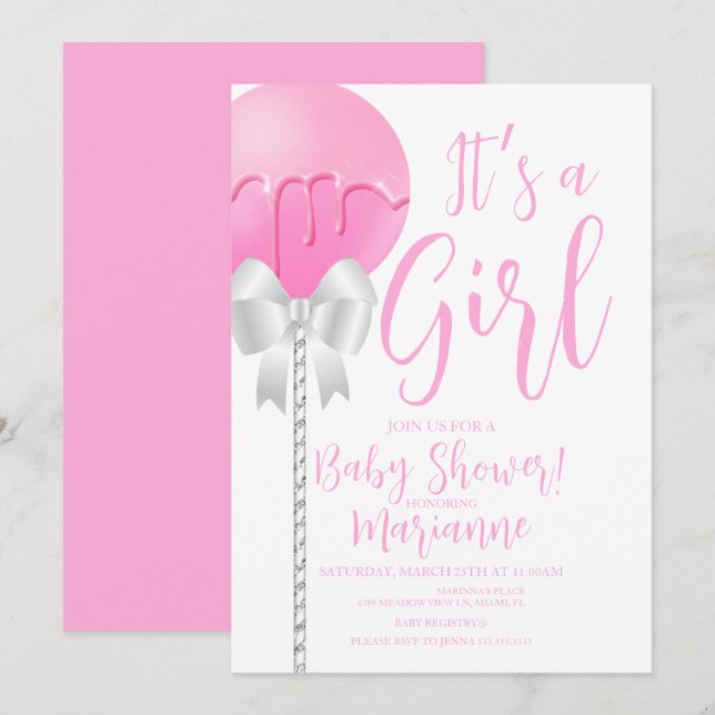 Pink Girly Cake Pop Bow Baby Shower    Invitation (Front/Back)